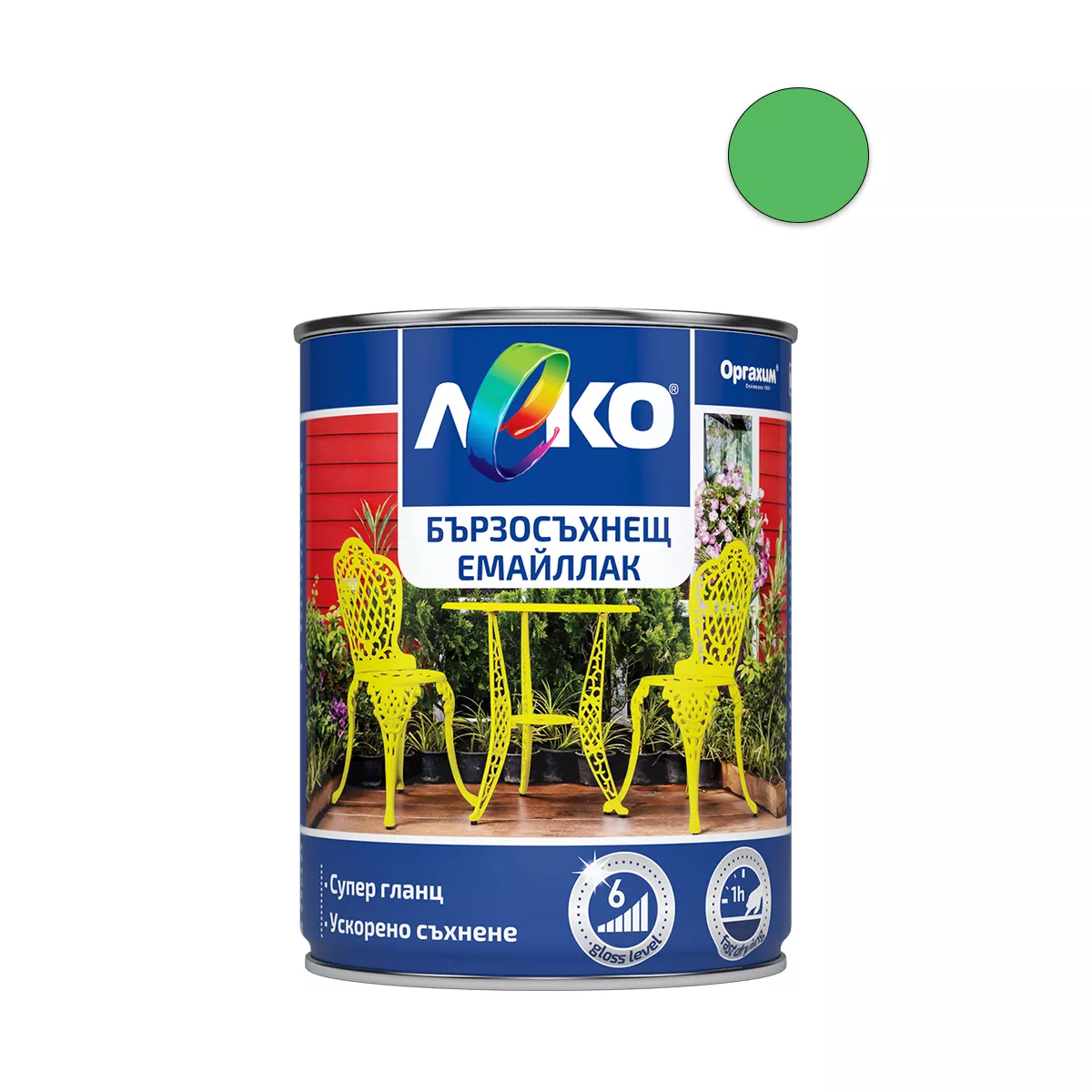 ЛЕКО БЪРЗОСЪХНЕЩ ЕМАЙЛЛАК RAL 6018 СВЕТЛО ЗЕЛЕНА 0,650МЛ ОРГАХИМ