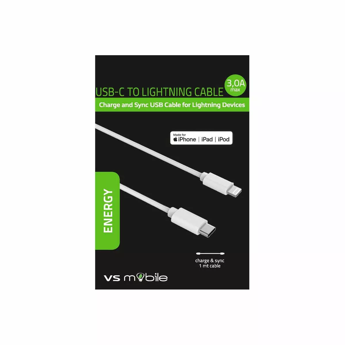 КАБЕЛ VS MOBILE USB TYPE C КЪМ ЖАК 8PIN ЗА APPLE 1M 30145