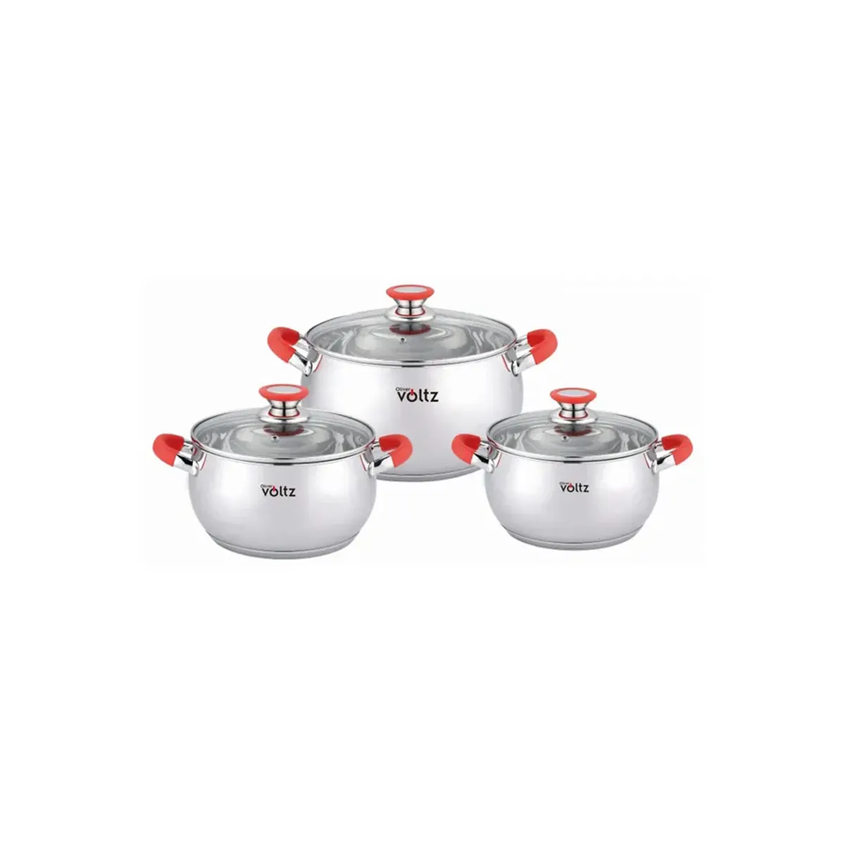 КОМПЛЕКТ ТЕНДЖЕРИ VOLTZ OV51210N6B 18/20/22 СМ ЧЕРВЕНИ ДРЪЖКИ INOX