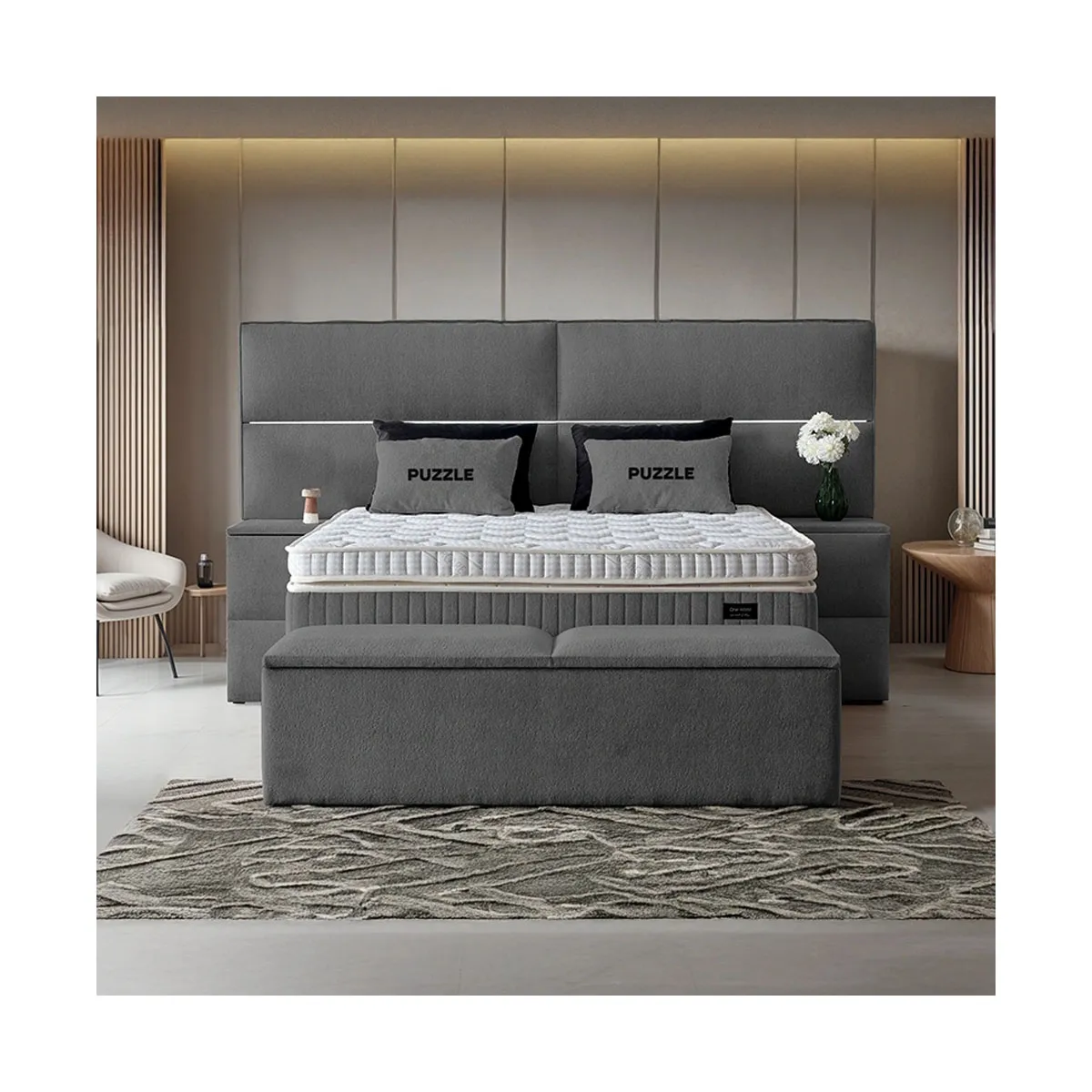 ТАПИЦИРАНА СПАЛНЯ С МАТРАК PUZZLE 180 X 200 - СИВ 16