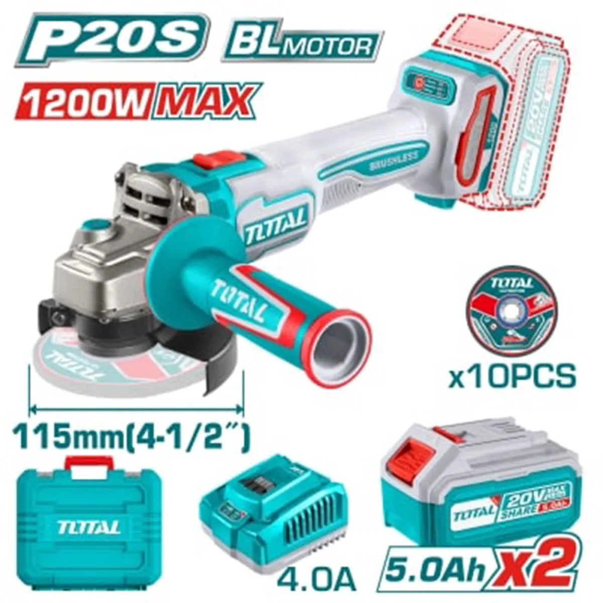 АКУМУЛАТОРЕН ЪГЛОШЛАЙФ TOTAL TAGLI2211532E Ф155 20V 2*5AH