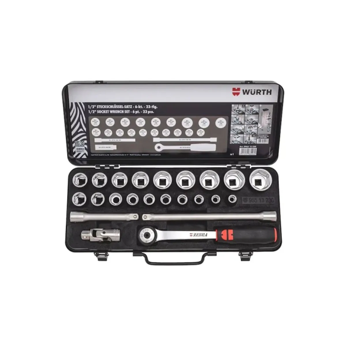 КОМПЛЕКТ ТРЕСКОЧТКИ С ВЛОЖКИ 1/2''  23 ЧАСТИ WURTH