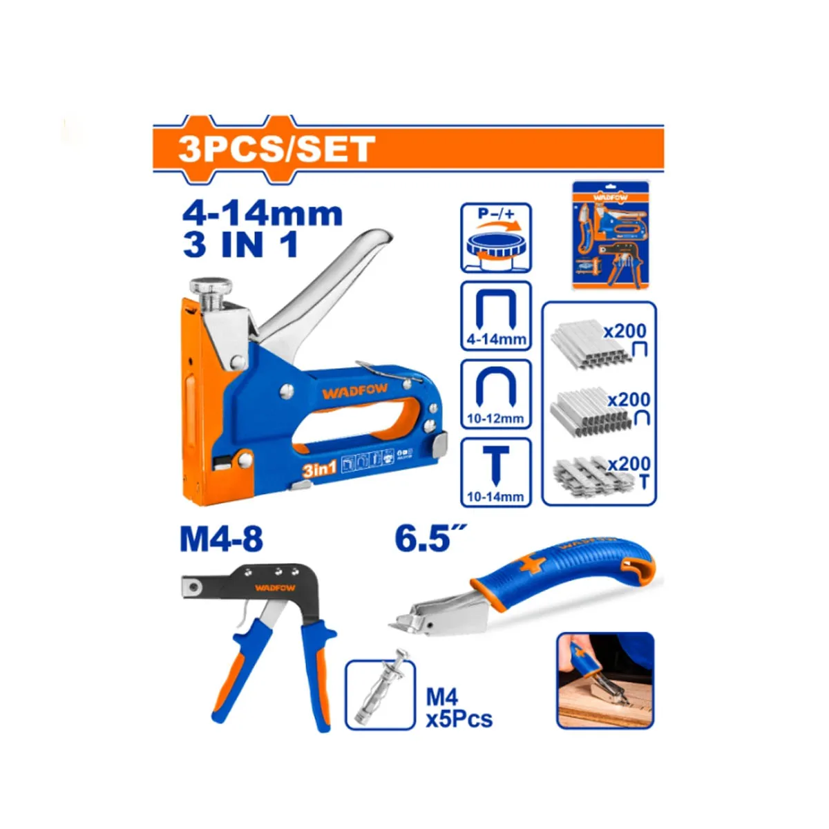 КОМПЛЕКТ ТАКЕР И МОНТАЖНИ КЛЕЩИ WADFOW 3Ч 2403