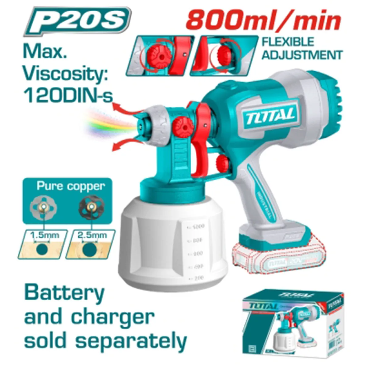 АКУМУЛАТОРЕН ПИСТОЛЕТ ЗА БОЯДИСВАНЕ TOTAL 20V 1L БЕЗ БАТЕРИЯ 2004